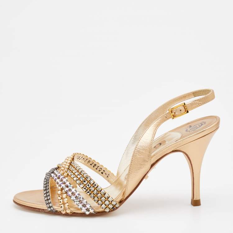 Pre Owned Gina Metallic Gold Leather Crystal Embellished Slingback Sandals Size 37