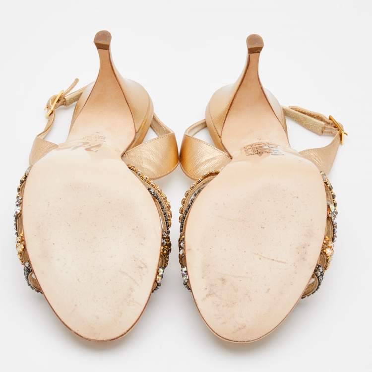 Pre Owned Gina Metallic Gold Leather Crystal Embellished Slingback Sandals Size 37