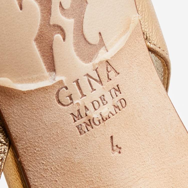 Pre Owned Gina Metallic Gold Leather Crystal Embellished Slingback Sandals Size 37