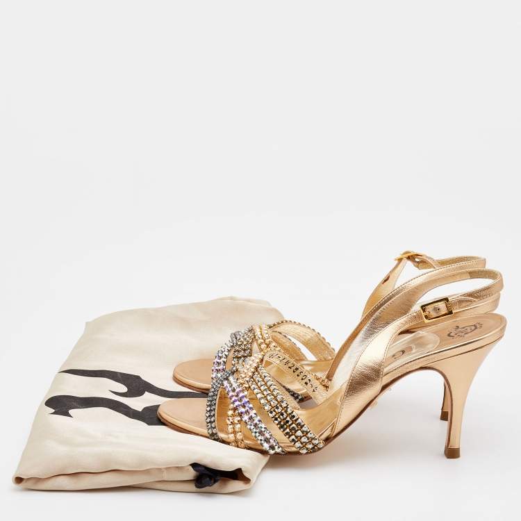 Pre Owned Gina Metallic Gold Leather Crystal Embellished Slingback Sandals Size 37