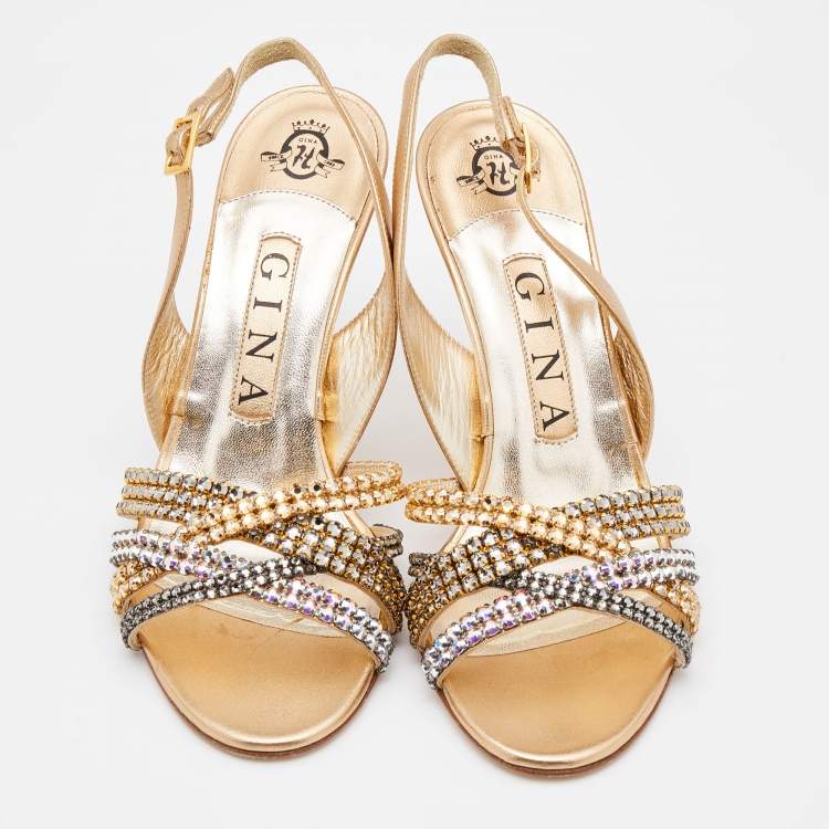 Pre Owned Gina Metallic Gold Leather Crystal Embellished Slingback Sandals Size 37