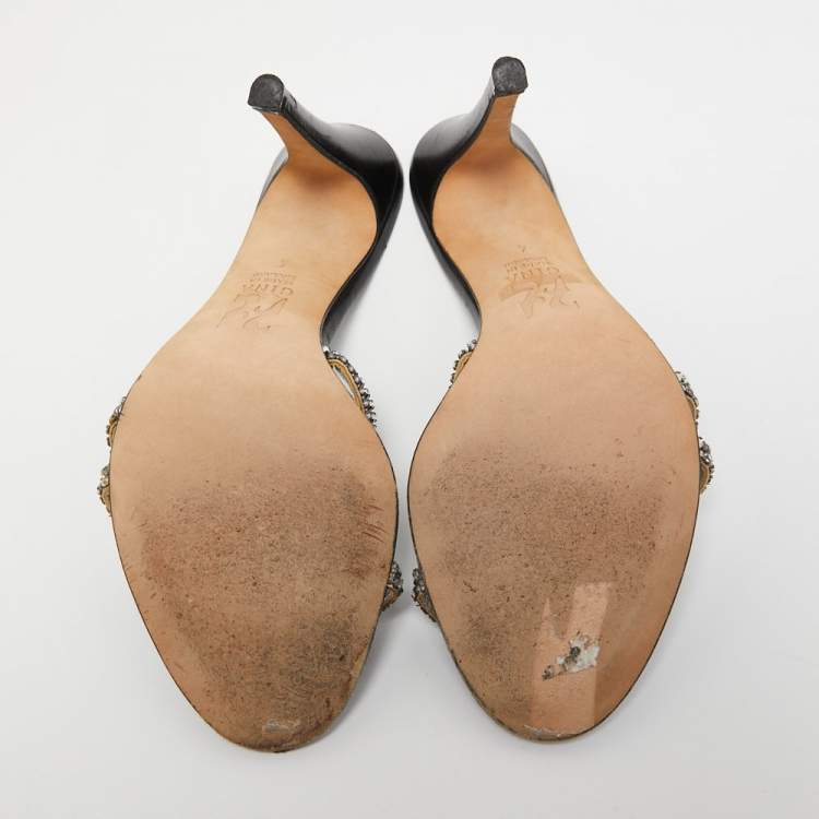 Pre Owned Gina Silver Crystal Embellished Leather Slide Sandals Size 37