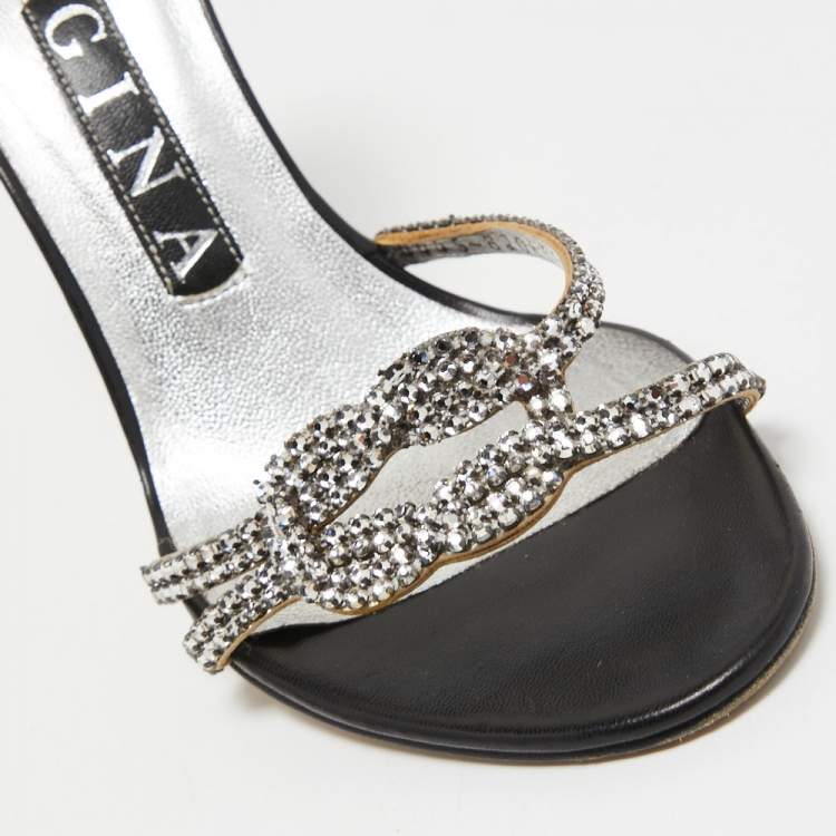Pre Owned Gina Silver Crystal Embellished Leather Slide Sandals Size 37