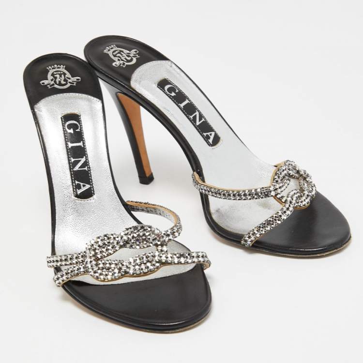 Pre Owned Gina Silver Crystal Embellished Leather Slide Sandals Size 37