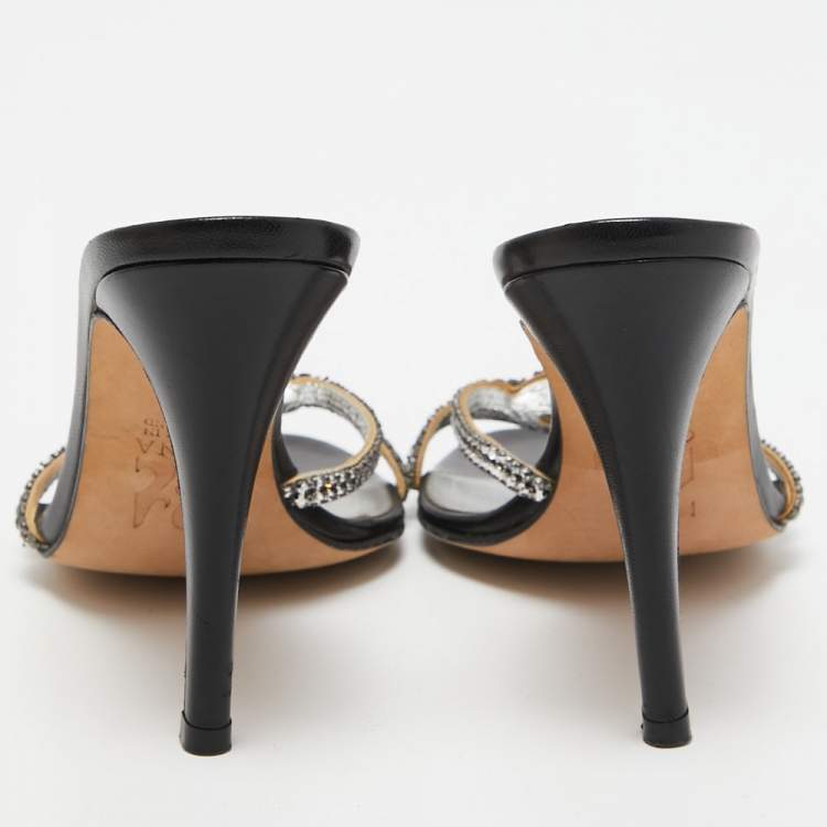 Pre Owned Gina Silver Crystal Embellished Leather Slide Sandals Size 37