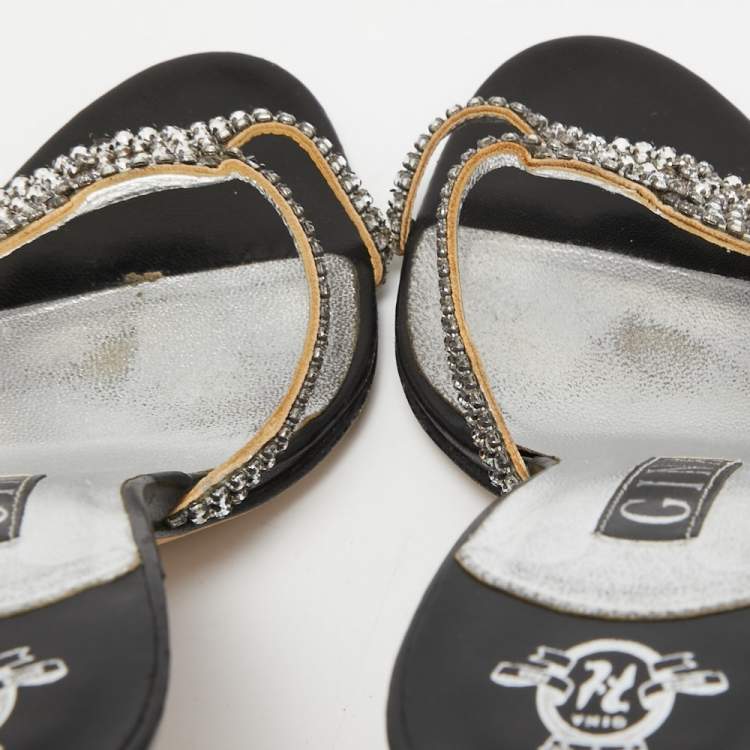 Pre Owned Gina Silver Crystal Embellished Leather Slide Sandals Size 37