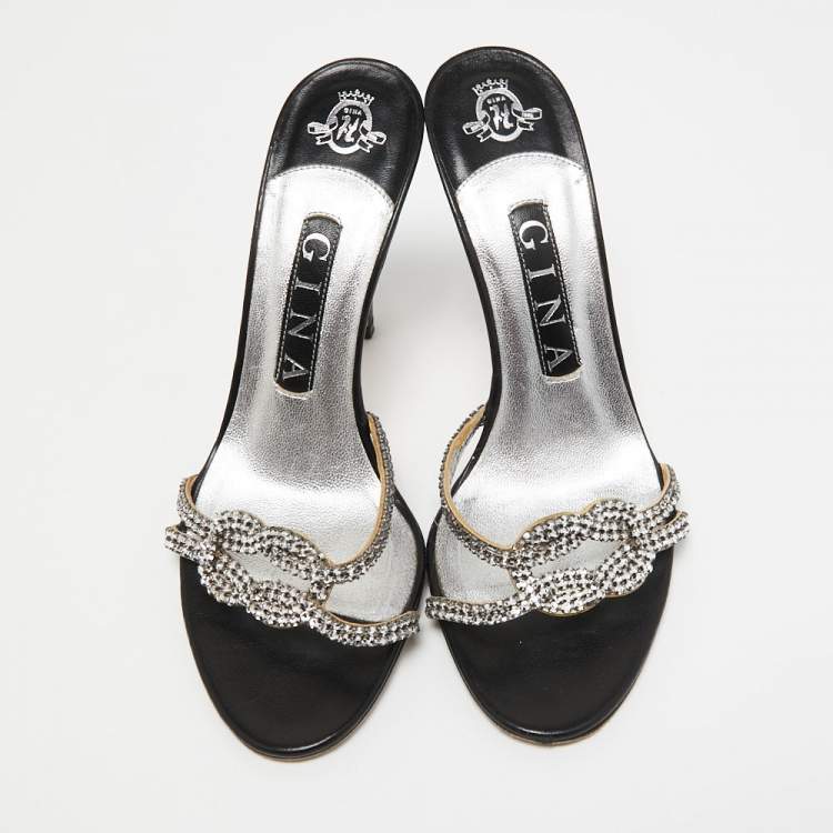 Pre Owned Gina Silver Crystal Embellished Leather Slide Sandals Size 37