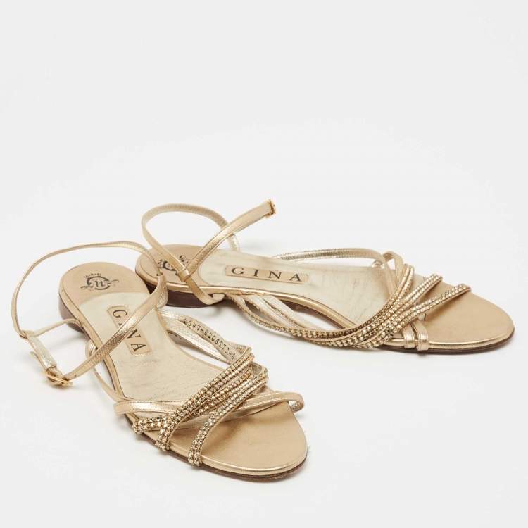 Pre Owned Gina Gold Crystal Embellished Leather Flat Ankle Strap Sandals Size 39