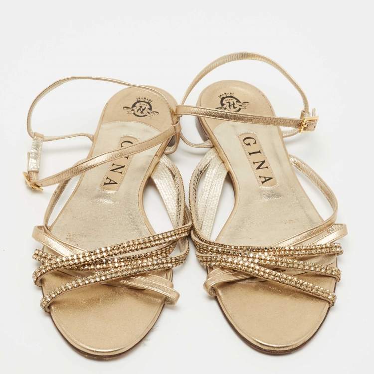 Pre Owned Gina Gold Crystal Embellished Leather Flat Ankle Strap Sandals Size 39