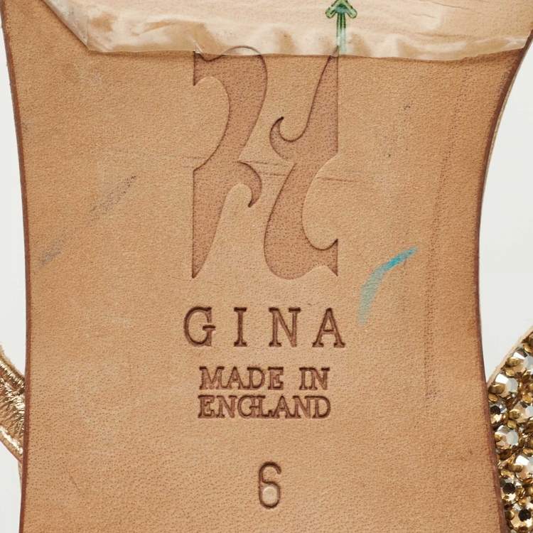 Pre Owned Gina Gold Crystal Embellished Leather Flat Ankle Strap Sandals Size 39