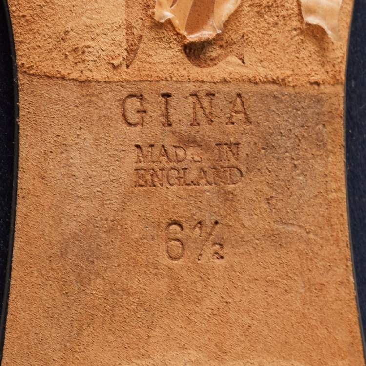 Pre Owned Gina Navy Blue Satin Crystal Embellished Ballet Flats Size 39.5