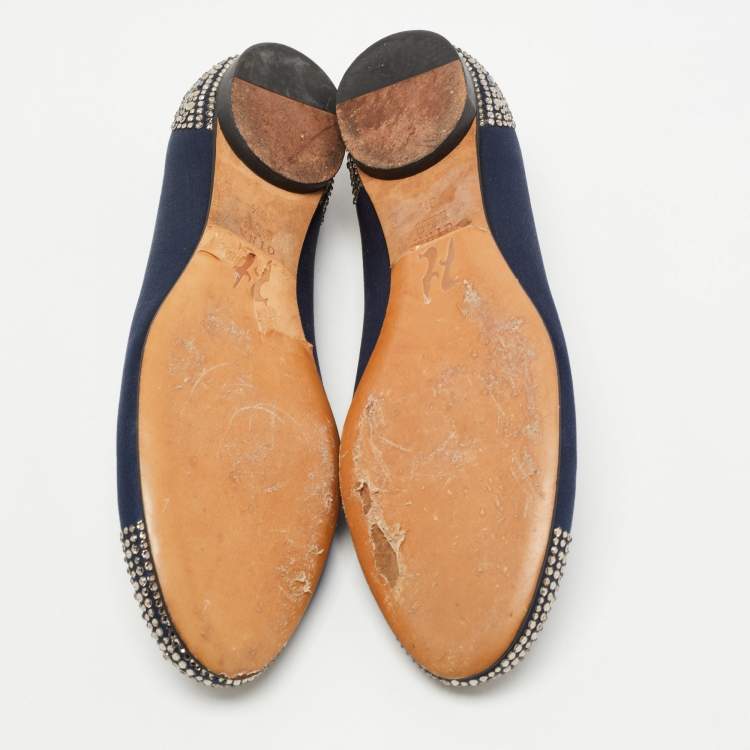 Pre Owned Gina Navy Blue Satin Crystal Embellished Ballet Flats Size 39.5