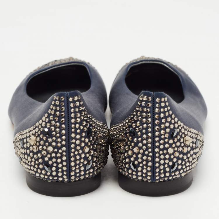 Pre Owned Gina Navy Blue Satin Crystal Embellished Ballet Flats Size 39.5