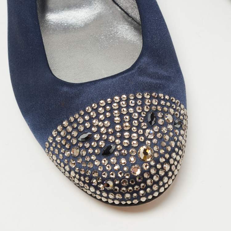Pre Owned Gina Navy Blue Satin Crystal Embellished Ballet Flats Size 39.5