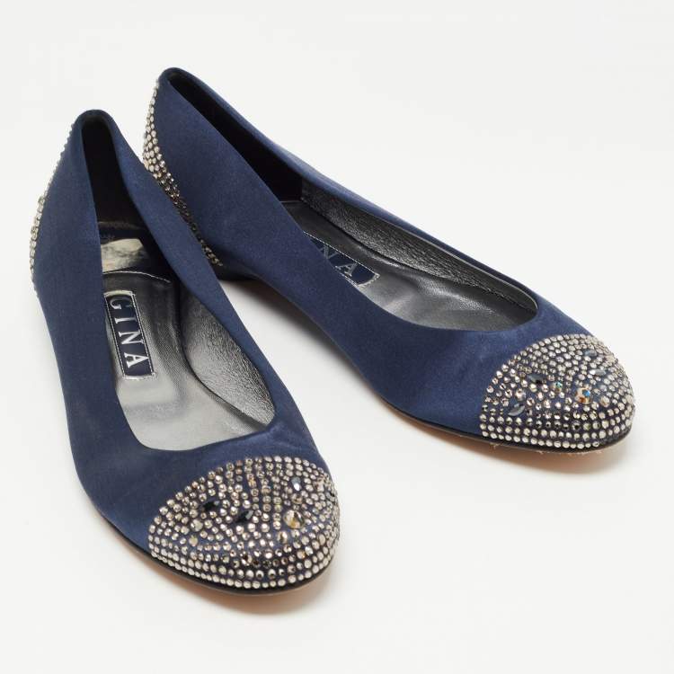 Pre Owned Gina Navy Blue Satin Crystal Embellished Ballet Flats Size 39.5