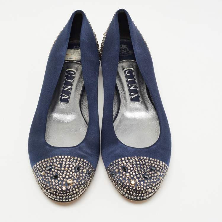 Pre Owned Gina Navy Blue Satin Crystal Embellished Ballet Flats Size 39.5