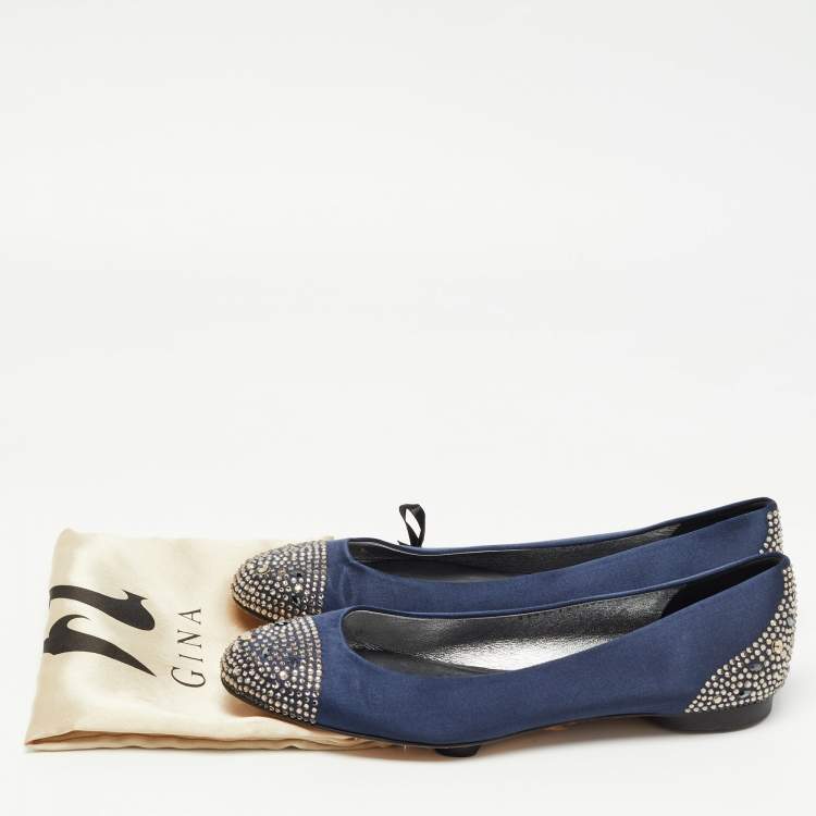 Pre Owned Gina Navy Blue Satin Crystal Embellished Ballet Flats Size 39.5