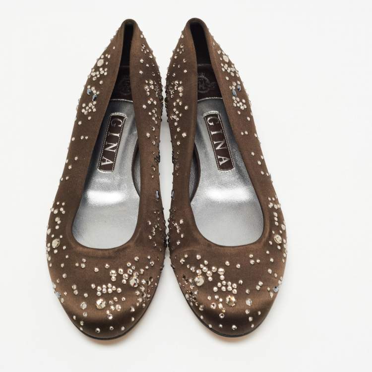 Pre Owned Gina Brown Satin Crystal Embellished Ballet Flats Size 39