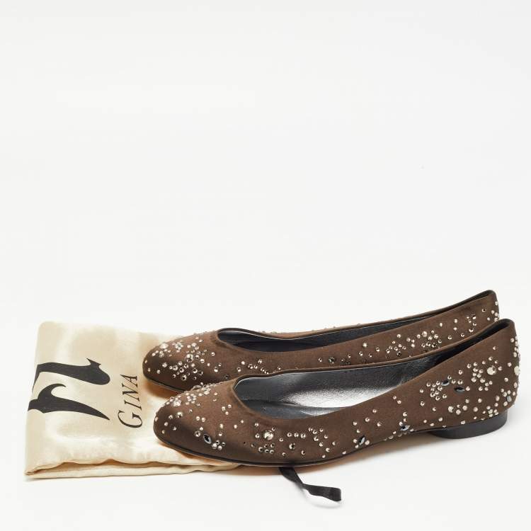Pre Owned Gina Brown Satin Crystal Embellished Ballet Flats Size 39