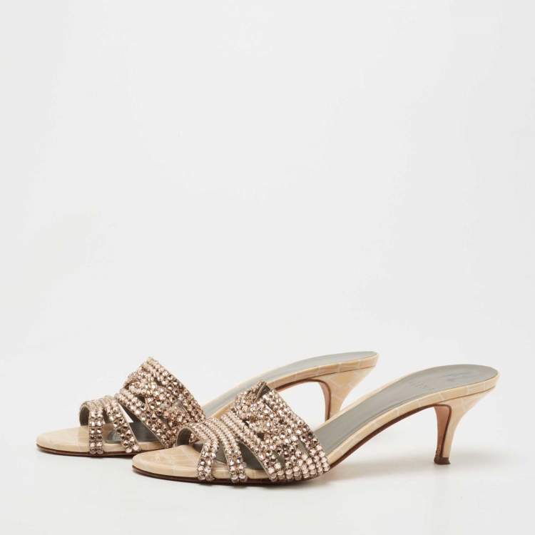 Pre Owned Gina Golden Croc Embossed Leather Crystal Embellished Slides Size 39.5  