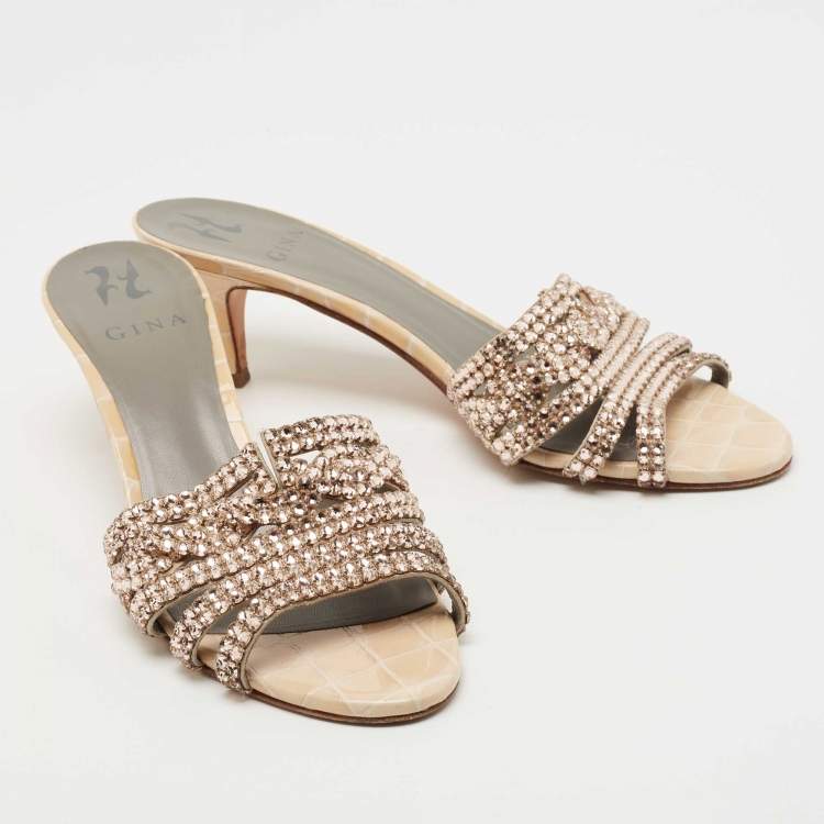Pre Owned Gina Golden Croc Embossed Leather Crystal Embellished Slides Size 39.5  