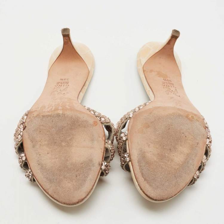 Pre Owned Gina Golden Croc Embossed Leather Crystal Embellished Slides Size 39.5  