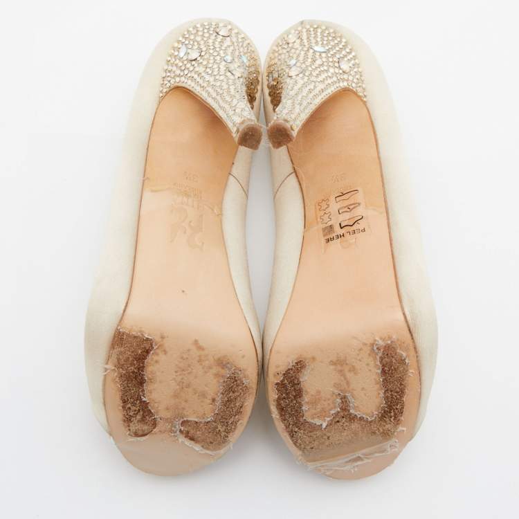 Pre Owned Gina Cream Satin Crystal Embellished Heel Open Toe Platform Pumps Size 36.5