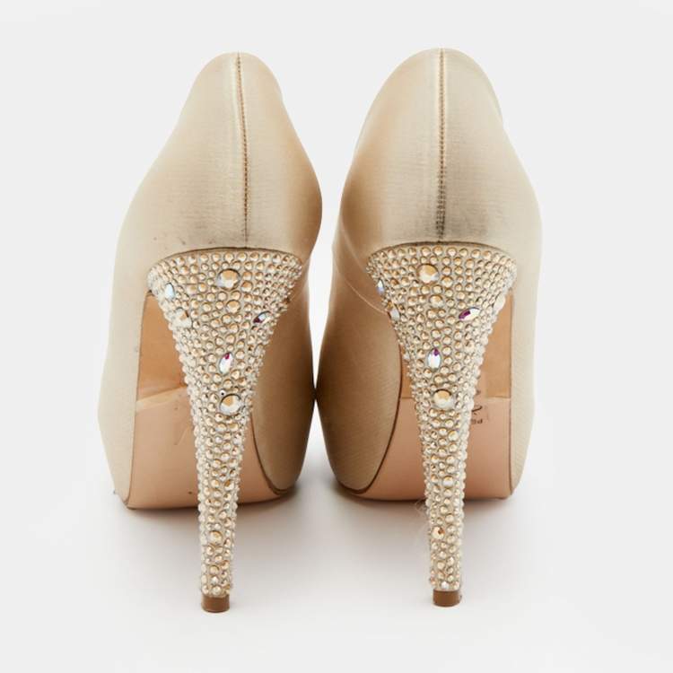 Pre Owned Gina Cream Satin Crystal Embellished Heel Open Toe Platform Pumps Size 36.5