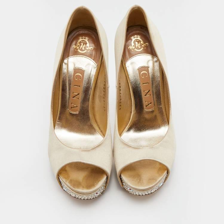 Pre Owned Gina Cream Satin Crystal Embellished Heel Open Toe Platform Pumps Size 36.5