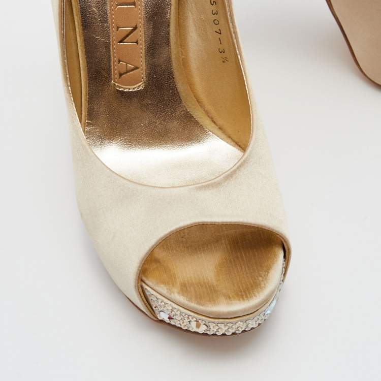 Pre Owned Gina Cream Satin Crystal Embellished Heel Open Toe Platform Pumps Size 36.5