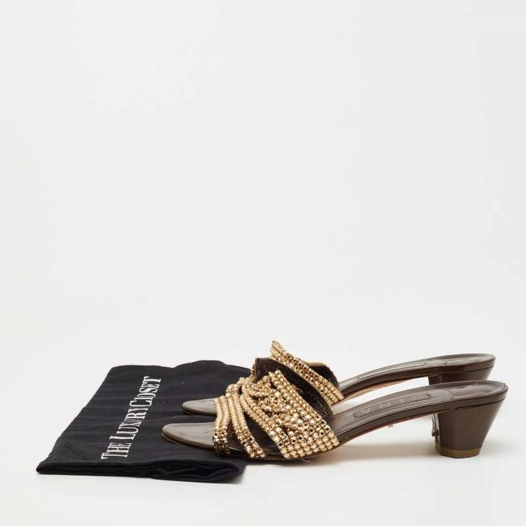 Pre Owned Gina Gold Leather Crystral Embellished  Slides Size 40