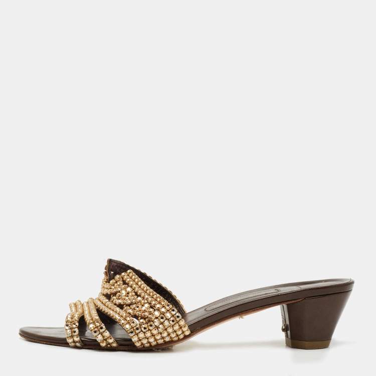 Pre Owned Gina Gold Leather Crystral Embellished  Slides Size 40