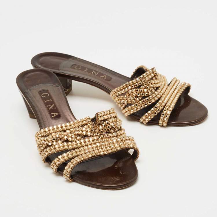 Pre Owned Gina Gold Leather Crystral Embellished  Slides Size 40