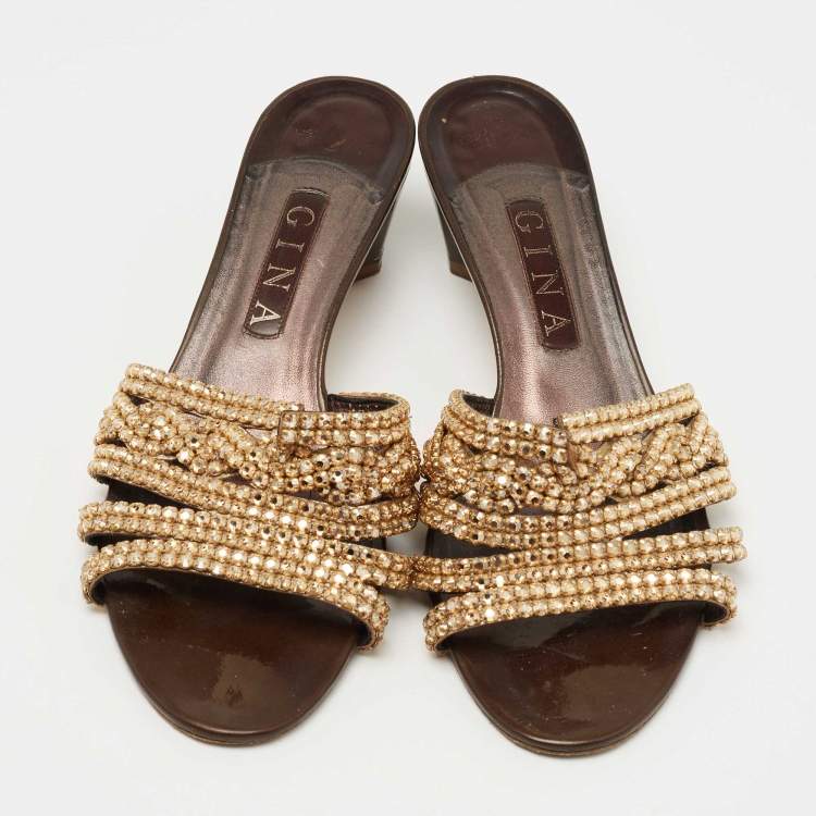 Pre Owned Gina Gold Leather Crystral Embellished  Slides Size 40
