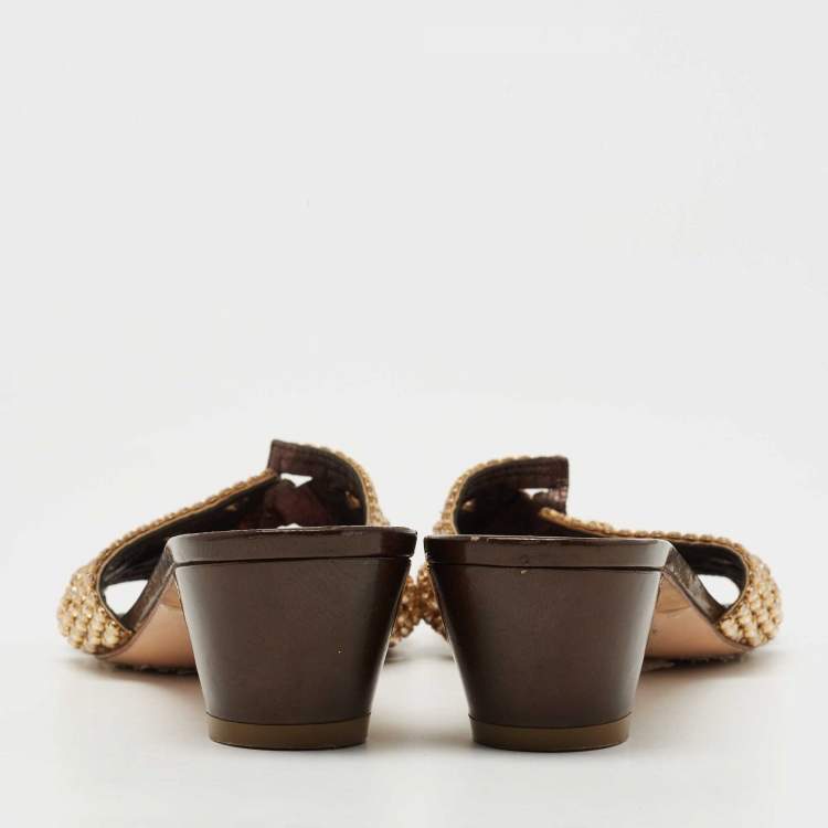 Pre Owned Gina Gold Leather Crystral Embellished  Slides Size 40