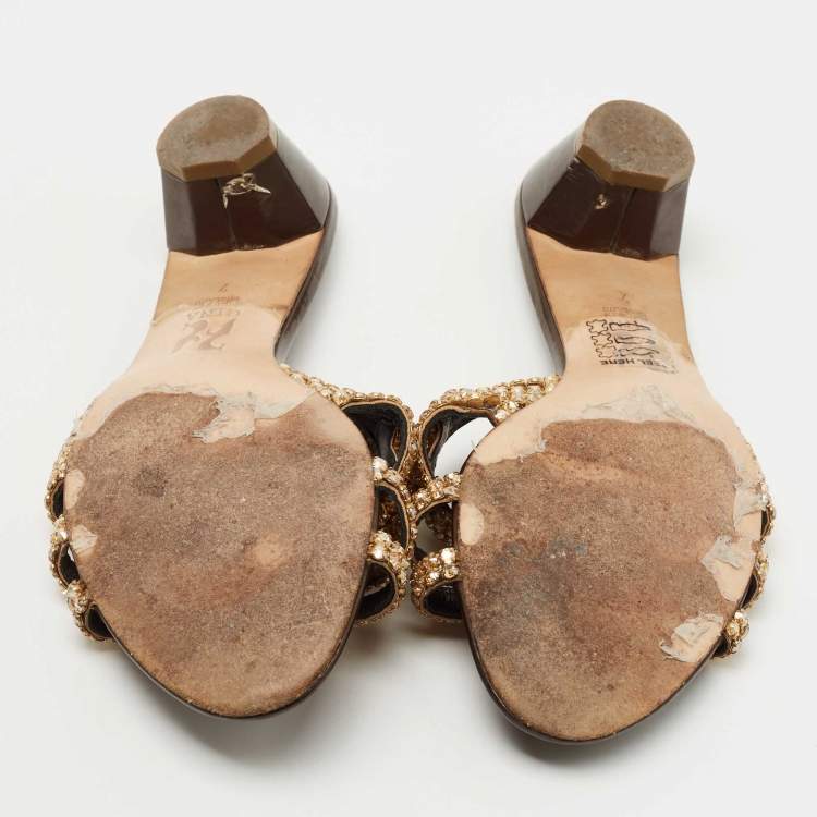 Pre Owned Gina Gold Leather Crystral Embellished  Slides Size 40