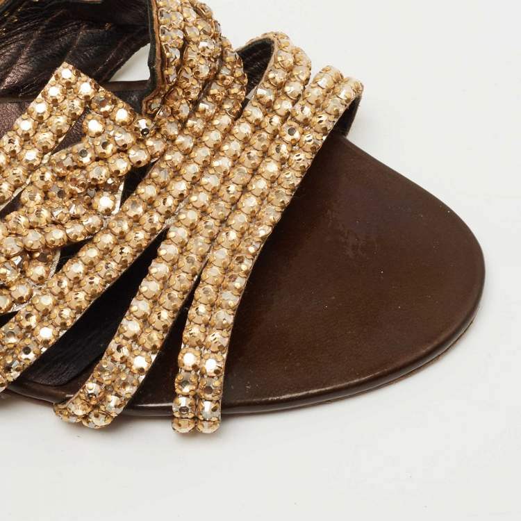 Pre Owned Gina Gold Leather Crystral Embellished  Slides Size 40