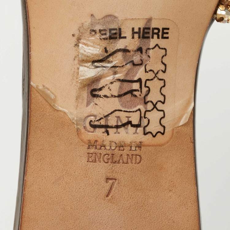 Pre Owned Gina Gold Leather Crystral Embellished  Slides Size 40