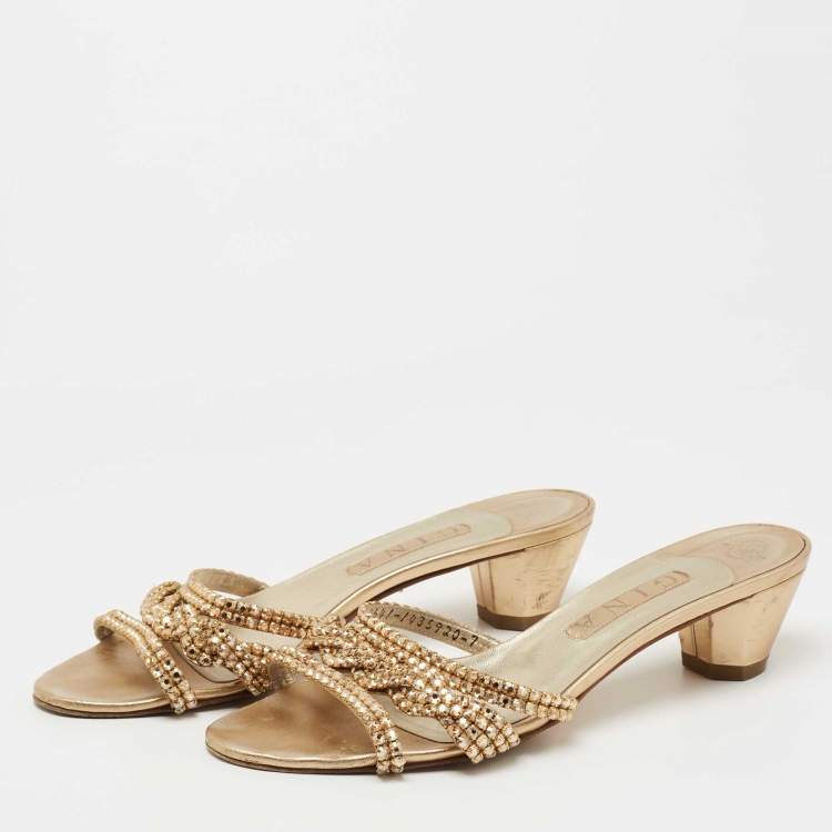 Pre Owned Gina Silver/Gold Leather Crystal Embellished Slide Size 40