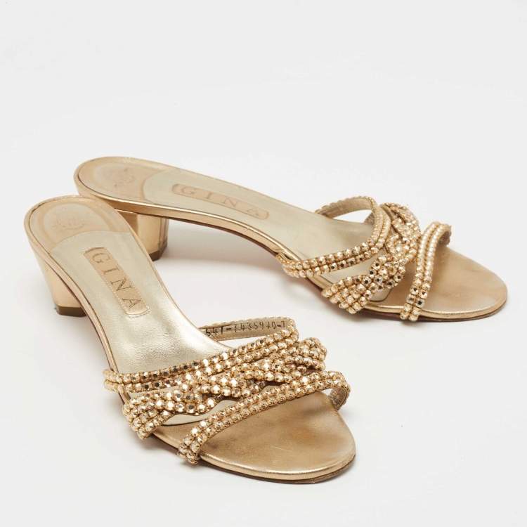 Pre Owned Gina Silver/Gold Leather Crystal Embellished Slide Size 40