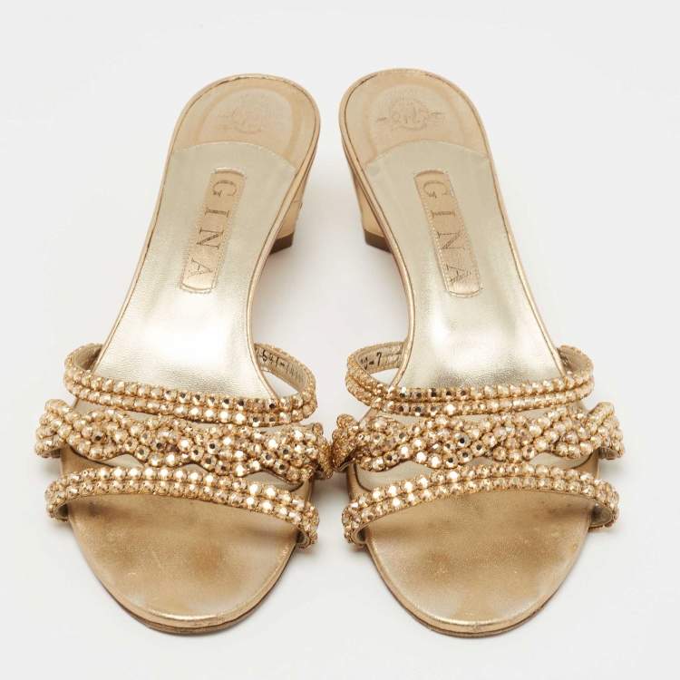 Pre Owned Gina Silver/Gold Leather Crystal Embellished Slide Size 40