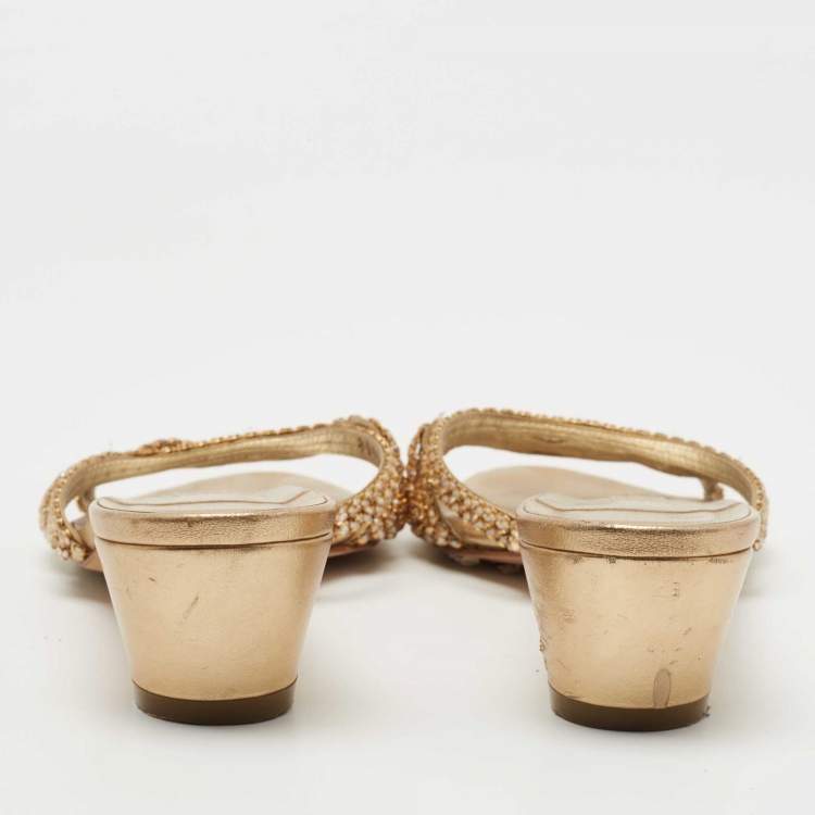 Pre Owned Gina Silver/Gold Leather Crystal Embellished Slide Size 40