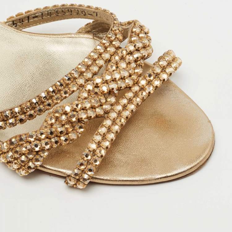 Pre Owned Gina Silver/Gold Leather Crystal Embellished Slide Size 40