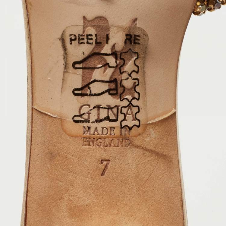 Pre Owned Gina Silver/Gold Leather Crystal Embellished Slide Size 40