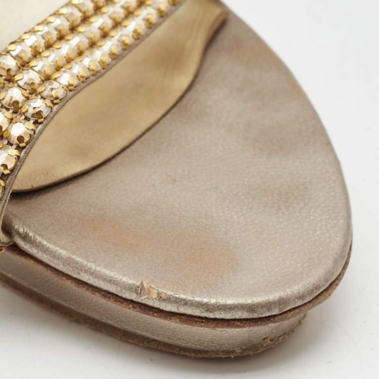 Pre Owned Gina Bronze/Gold Leather Crystal Platform Ankle Strap Sandals Size 40