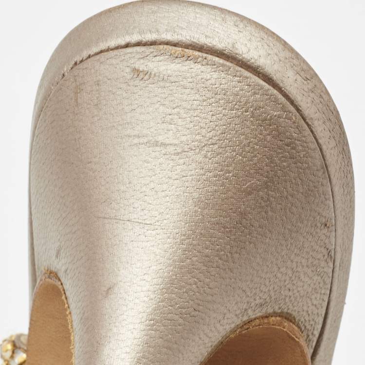 Pre Owned Gina Bronze/Gold Leather Crystal Platform Ankle Strap Sandals Size 40