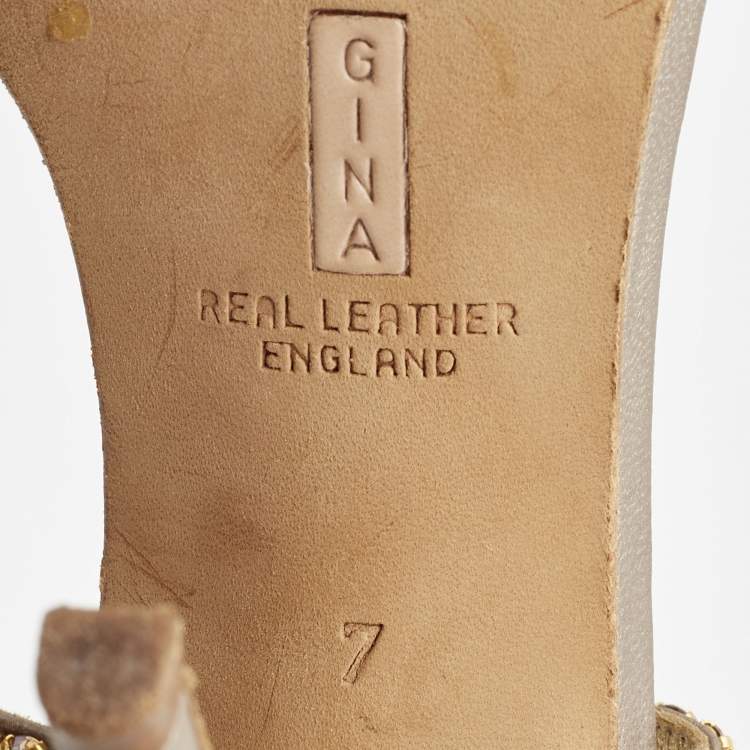 Pre Owned Gina Bronze/Gold Leather Crystal Platform Ankle Strap Sandals Size 40