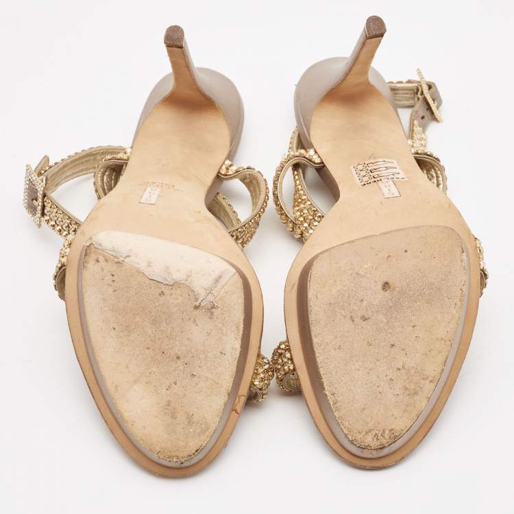 Pre Owned Gina Bronze/Gold Leather Crystal Platform Ankle Strap Sandals Size 40