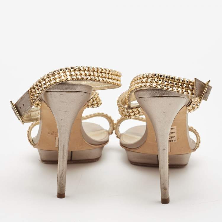 Pre Owned Gina Bronze/Gold Leather Crystal Platform Ankle Strap Sandals Size 40