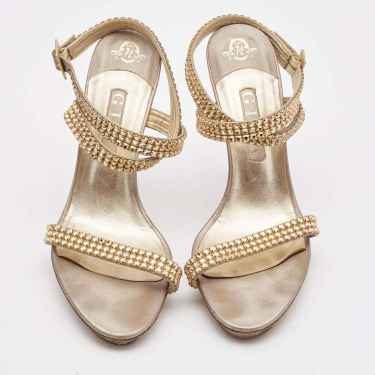 Pre Owned Gina Bronze/Gold Leather Crystal Platform Ankle Strap Sandals Size 40